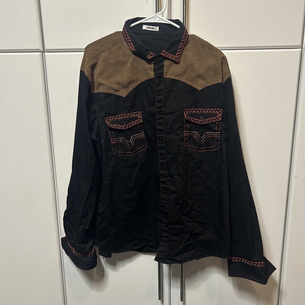 Coofandy Mens Western Snap Shirt Black Brown Yoke Red Stitching 2XL Cowboy